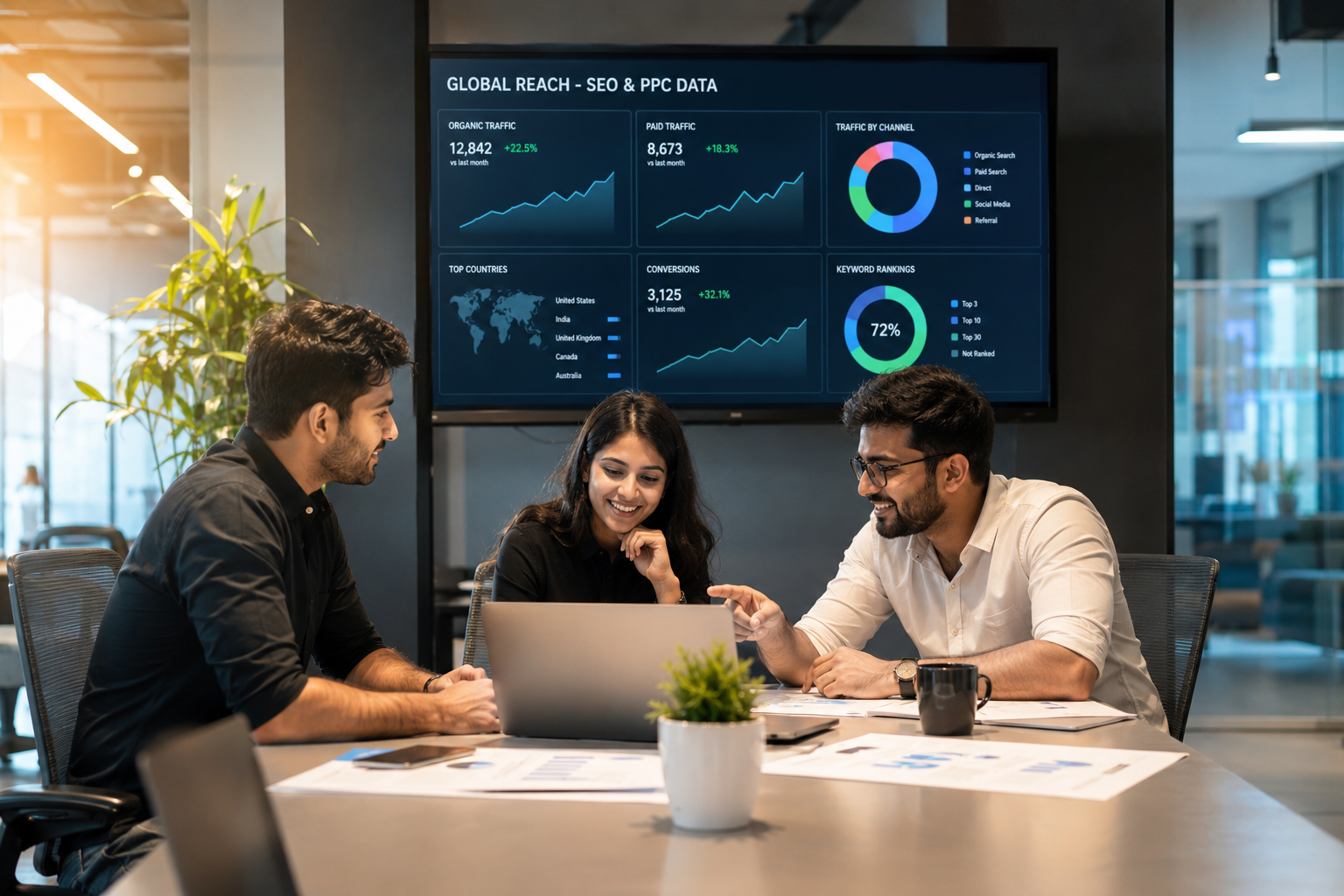 Professional digital marketing agency team discussing SEO and PPC analytics in a modern office environment.