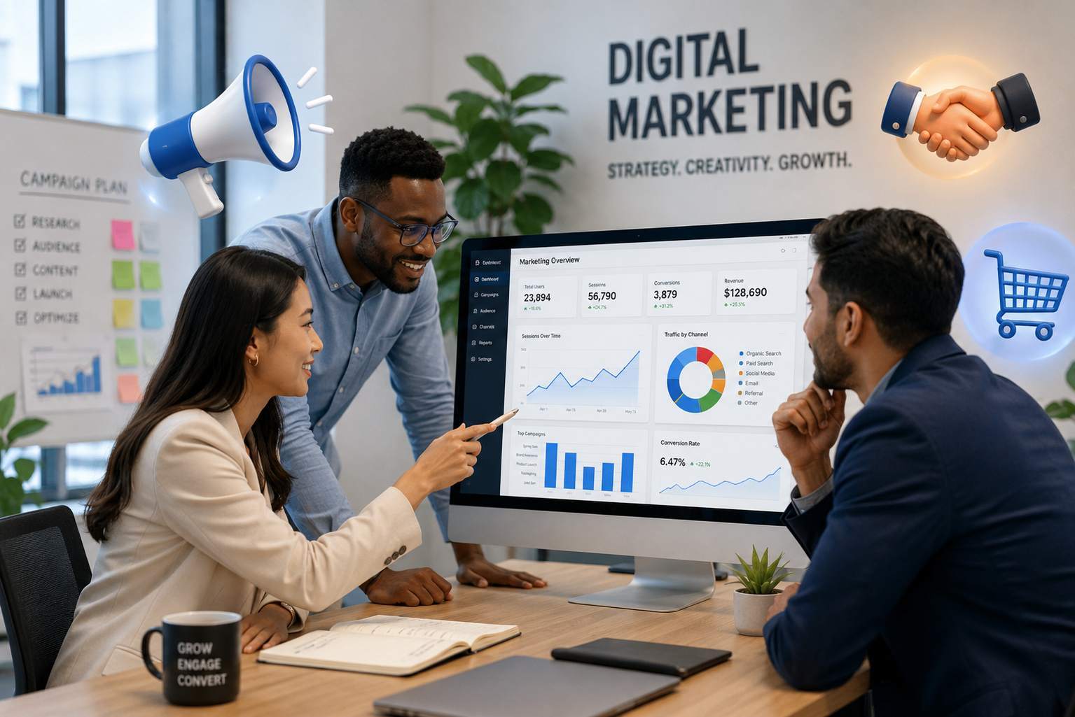 Three professionals collaborating in a modern digital marketing office with analytics dashboard, charts, and 3D sales and marketing growth icons on display.