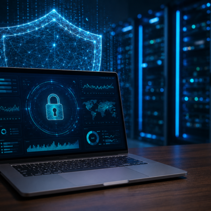 cybersecurity-network-protection-dashboard.webp High-tech cybersecurity workspace featuring laptop security dashboard and holographic network protection shield in a data center