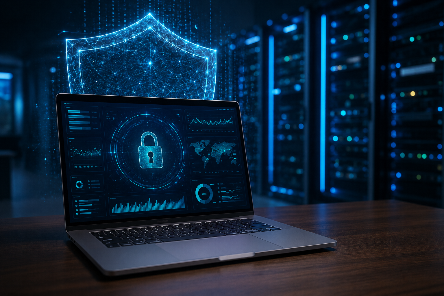 High-tech cybersecurity workspace featuring laptop security dashboard and holographic network protection shield in a data center
