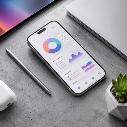 modern-digital-workspace-flatlay.webp Modern digital workspace flat lay featuring smartphone dashboard UI, laptop, stylus, earbuds, and succulent plant on a concrete desk
