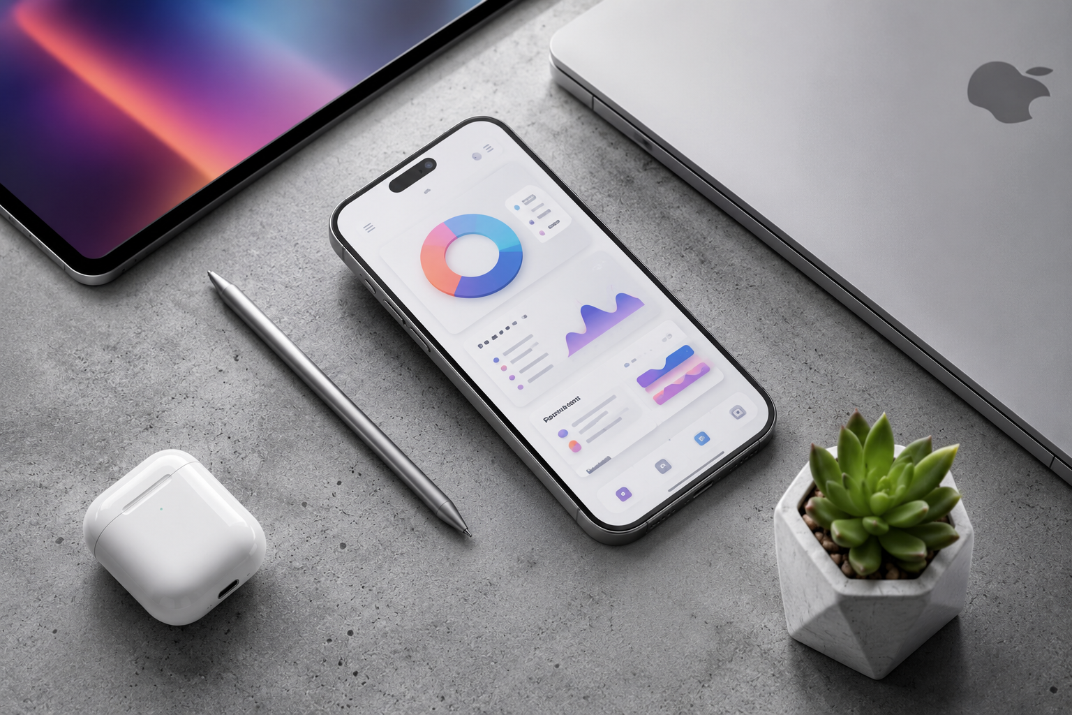 Modern digital workspace flat lay featuring smartphone dashboard UI, laptop, stylus, earbuds, and succulent plant on a concrete desk