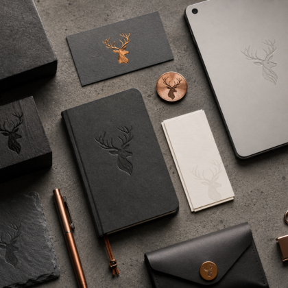 premium-brand-identity-flatlay.webp Premium corporate brand identity flat lay featuring stag logo stationery, notebook, tablet, and copper accessories on a textured concrete surface
