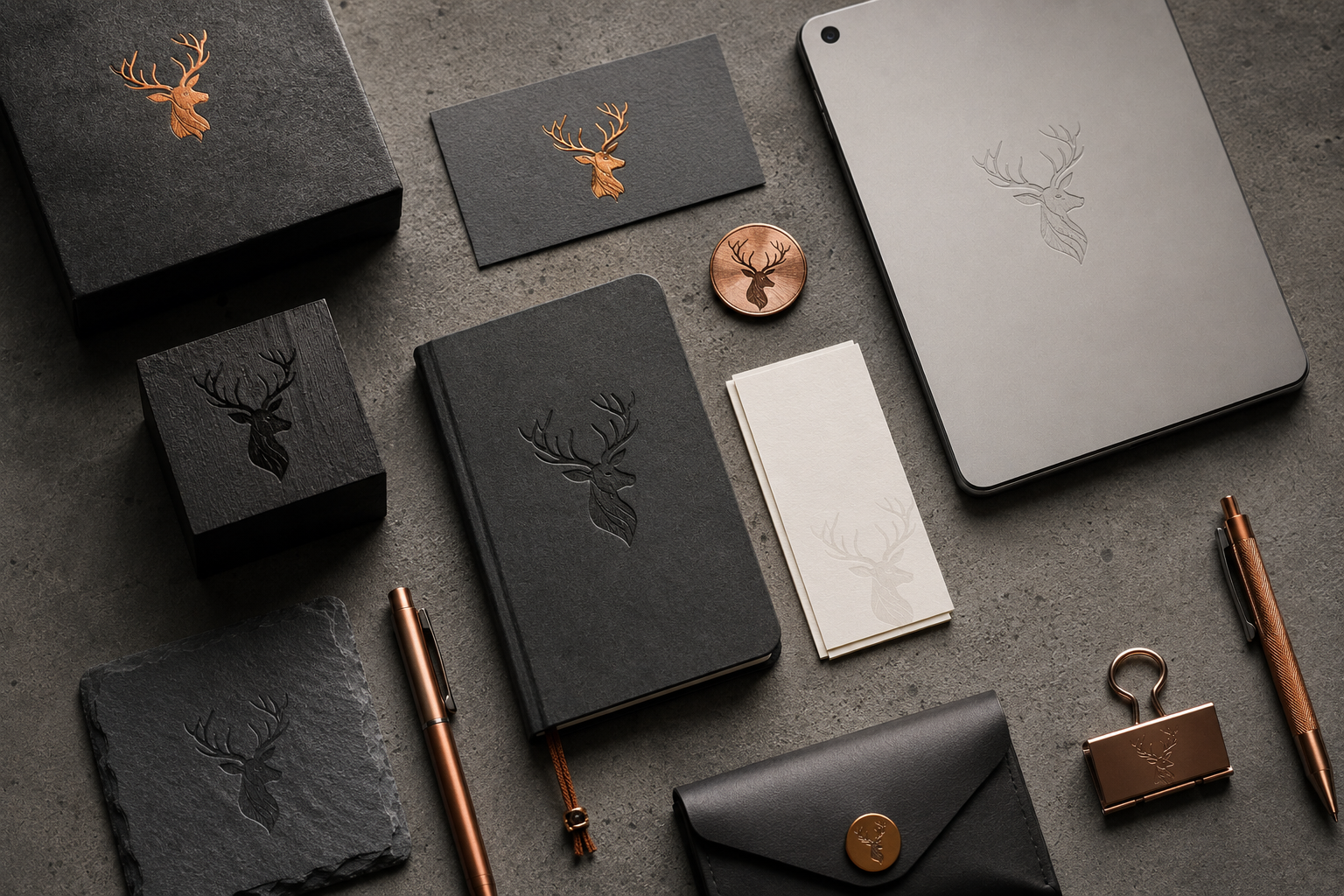 Premium corporate brand identity flat lay featuring stag logo stationery, notebook, tablet, and copper accessories on a textured concrete surface