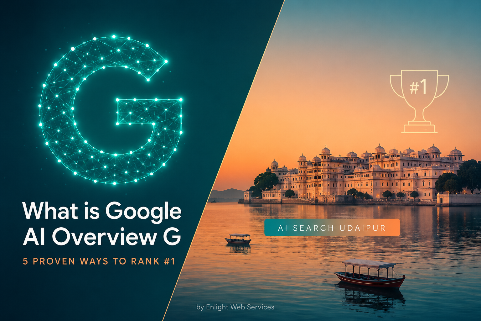 AI Search Udaipur optimization strategy banner showing Google AI logo and Udaipur City Palace by Enlight Web Services.