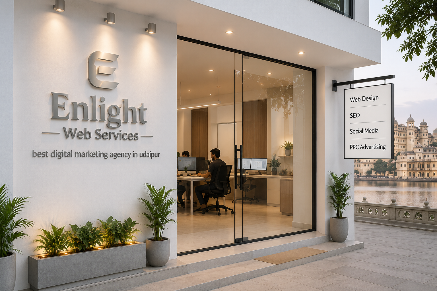 Enlight Web Services office entrance in Udaipur showcasing online trust-building strategies.