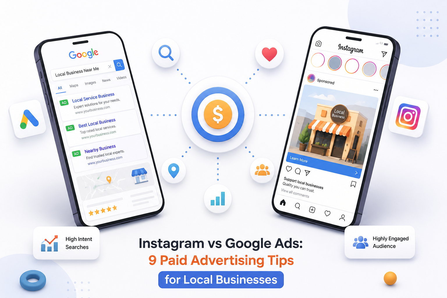 Comparison of Instagram and Google Ads showing paid advertising tips for local businesses with a clean tech layout.