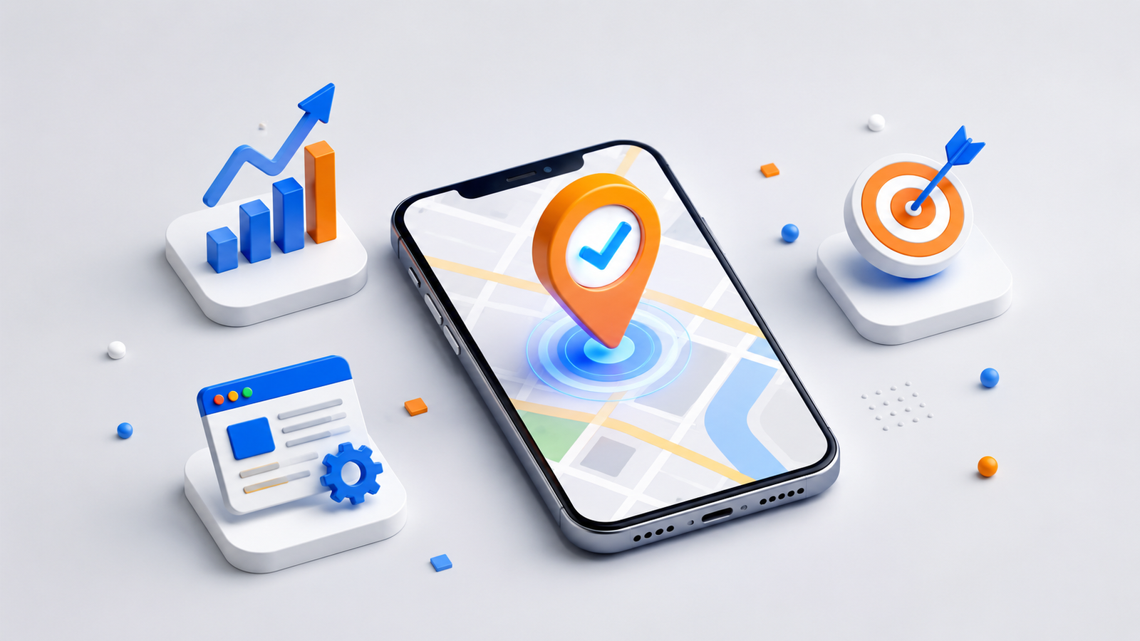 3D minimalist illustration showcasing Google Business Profile Optimization with a verified map pin on a smartphone screen next to local SEO growth charts and a target icon.
