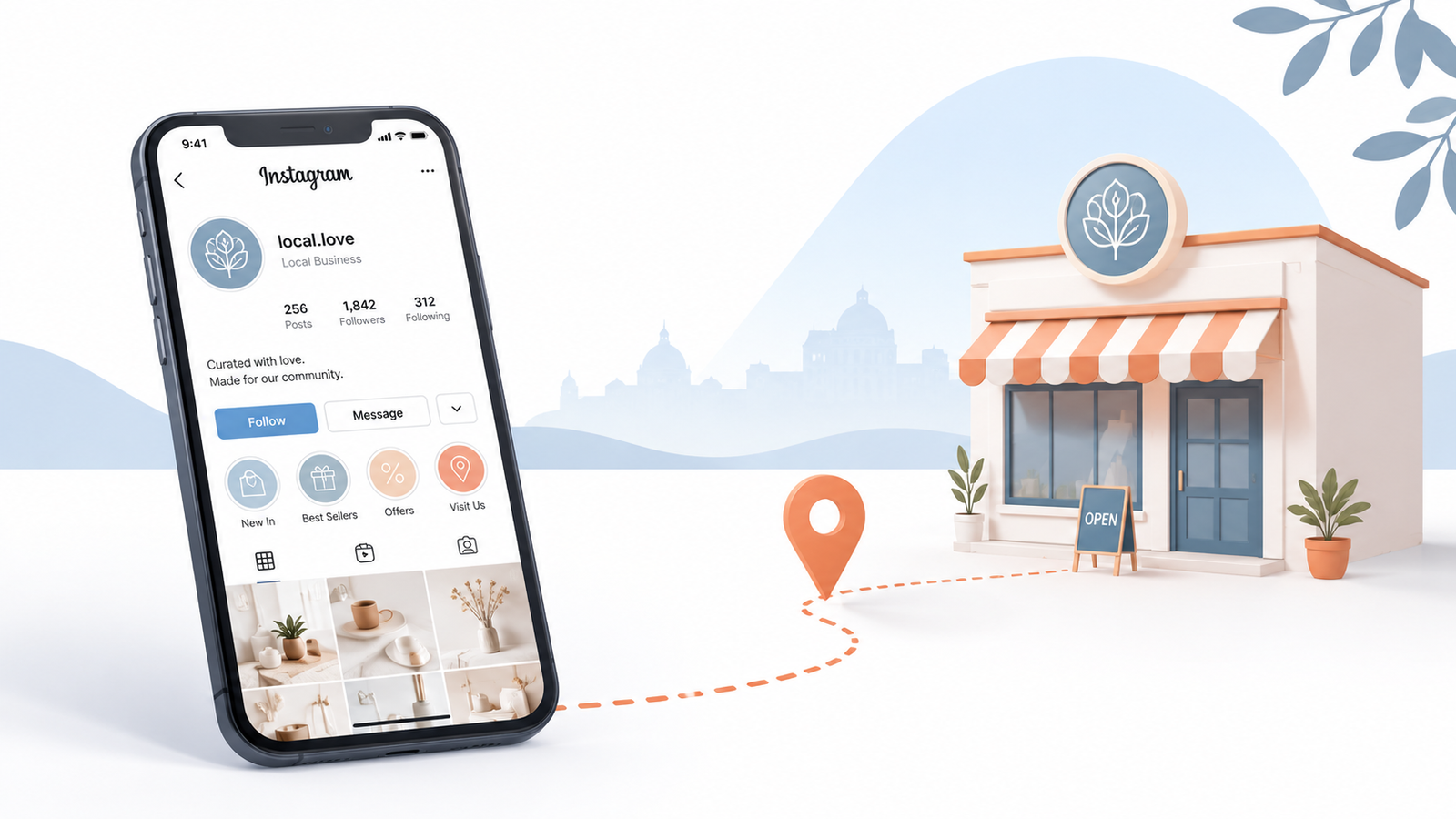 Instagram marketing for local business strategy showing an optimized profile on a smartphone leading customers to a physical storefront.