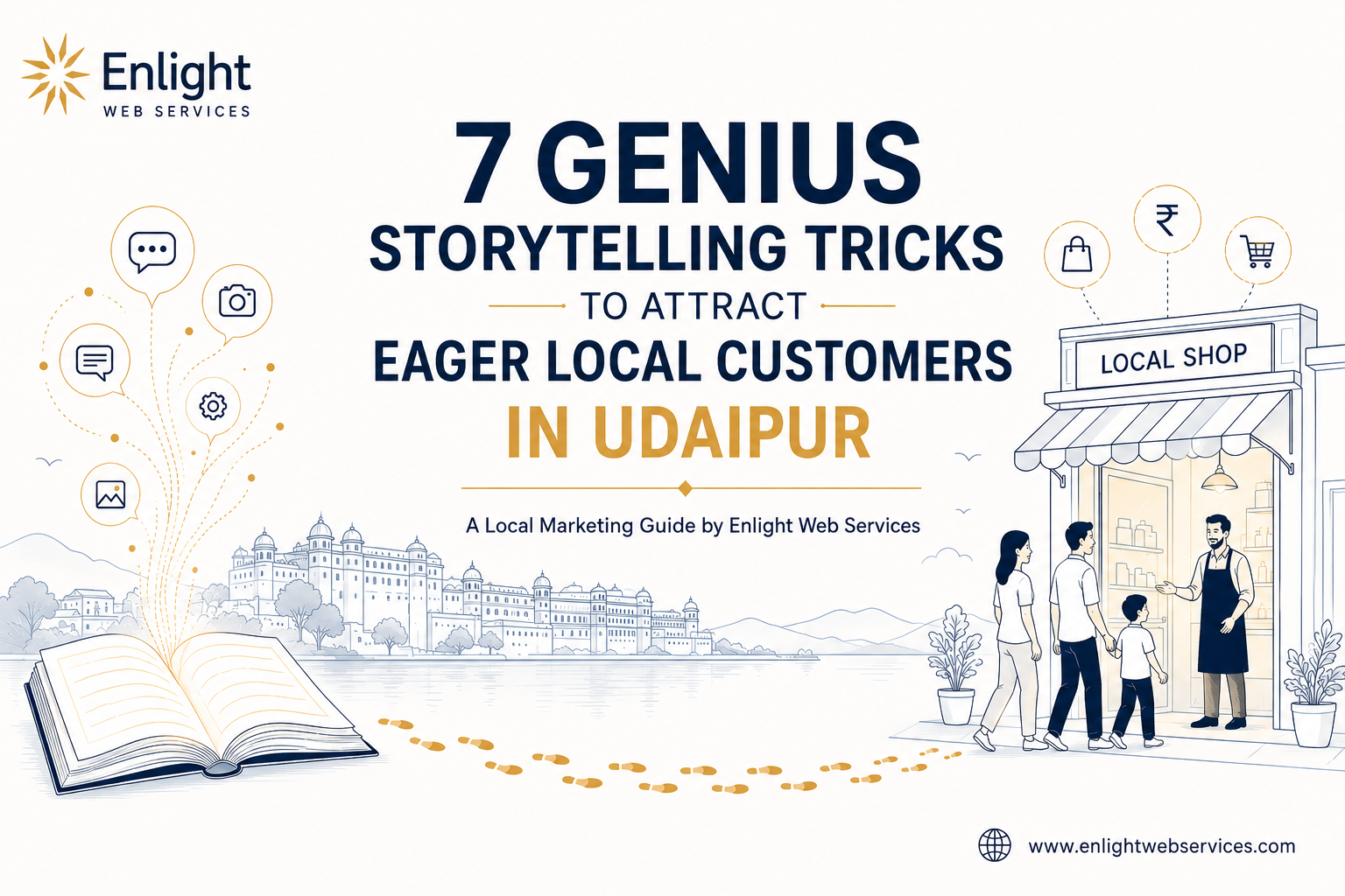 Minimalist blog featured image by Enlight Web Services showing storytelling tricks to attract local customers in Udaipur into a local shop.